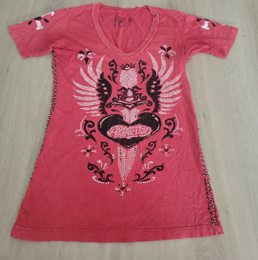 Affliction Embellished Red Graphic V-Neck Tee